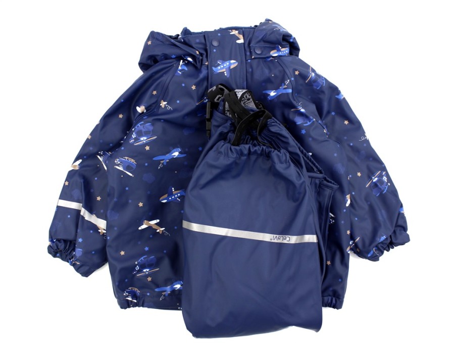 Baby Celavi Rainwear | Celavi Pageant Blue Printed Rainwear Pants And Jacket With Fleece Lining