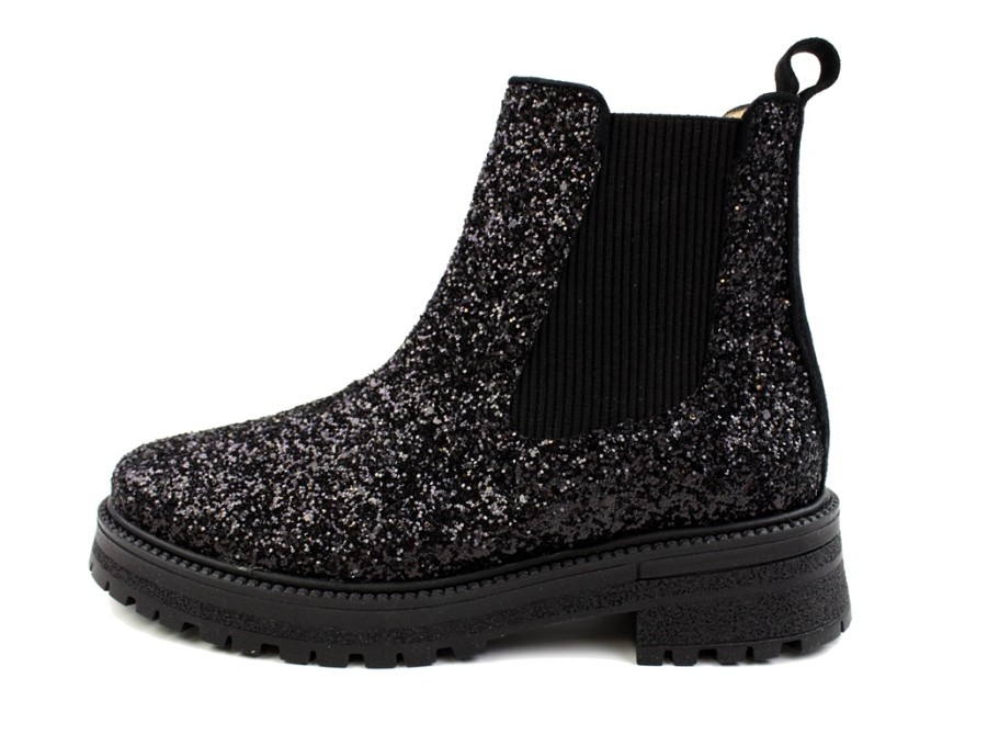 Kids Angulus Boots And Ankle Boots | Angulus Black Glitter Ankle Boot With Elastic