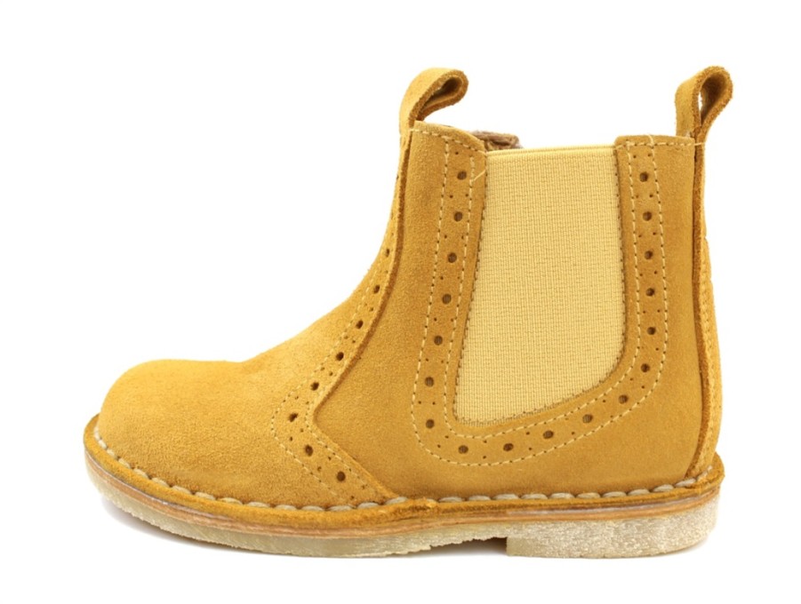 Kids Pom Pom Boots And Ankle Boots | Pom Pom Ancle Boot Light Mustard Suede With Elastic And Zipper