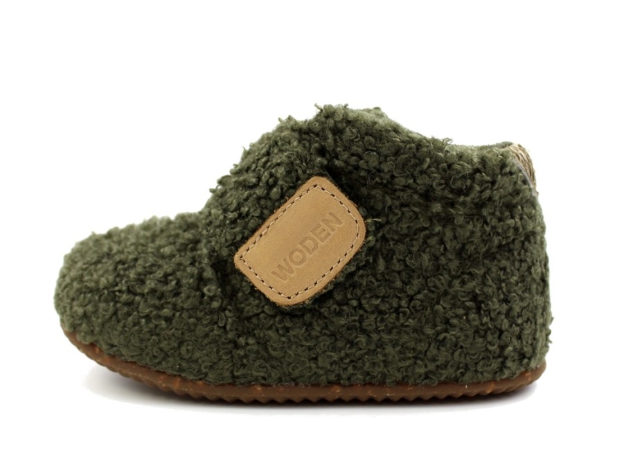 Baby Woden Slippers | Woden Kids Dark Olive Home Shoes Kim Teddy