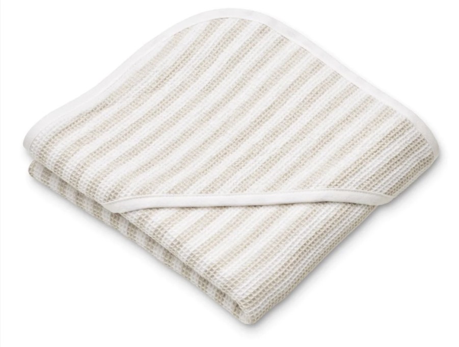 Baby Liewood Swimwear | Liewood Stripe Crisp White/Sandy Hooded Baby Towel Caro