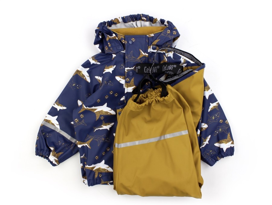 Baby Celavi Rainwear | Celavi Buckthorn Brown Rainwear Pants And Jacket Sharks