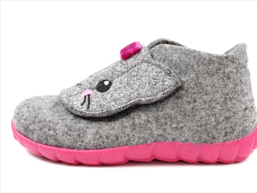 Baby Superfit Slippers | Superfit Light Grey/Pink Slippers Happy With Cat Wool Felt