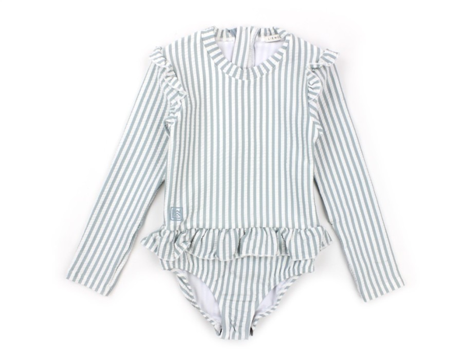 Baby Liewood Swimwear | Liewood Swimsuit Sille Seersucker Upf 50+ Sea Blue/White Stripe