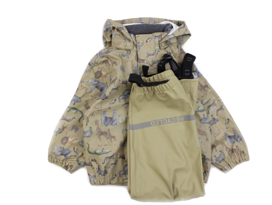 Baby Mikk line Rainwear | Mikk-Line Olive Gray Rainwear Pants And Jacket Animal Print