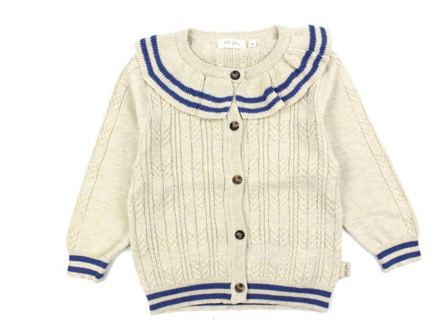 Baby Petit Piao Cardigans | Petit Piao Nature White/Denim Blue Knit Cable Collar Cardigan