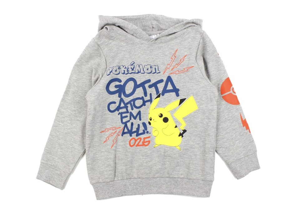 Tweens Name It Blouses And Knitwear | Name It Grey Melange Pokemon Hoodie Sweatshirt