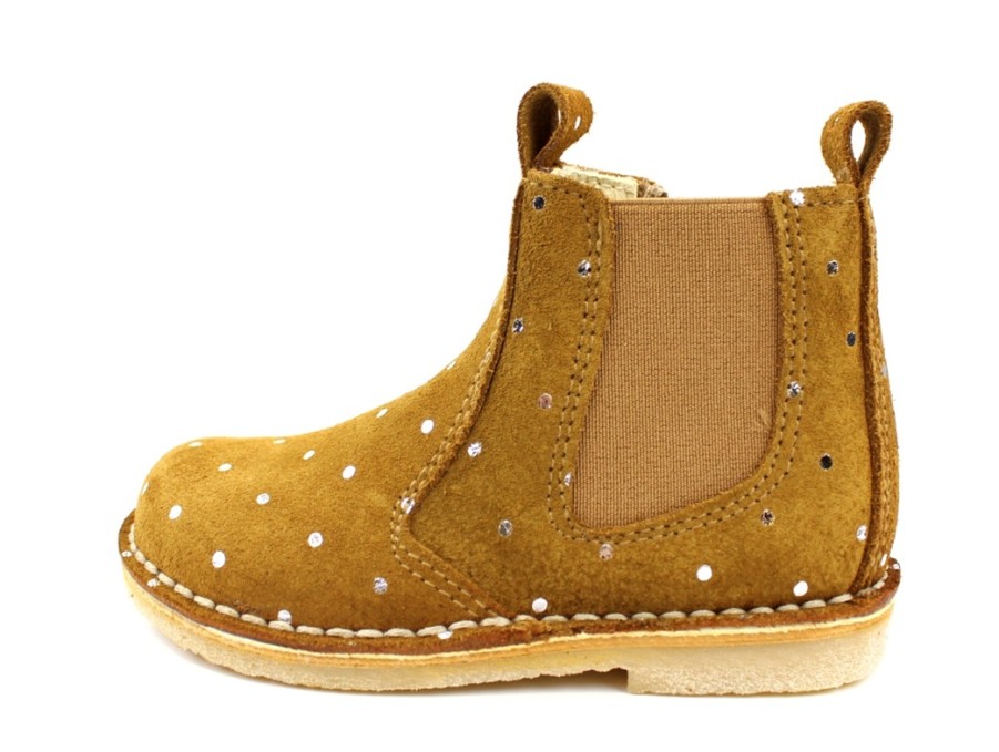 Kids Pom Pom Boots And Ankle Boots | Pom Pom Ancle Boot Camel Gold Dot With Elastic And Zipper