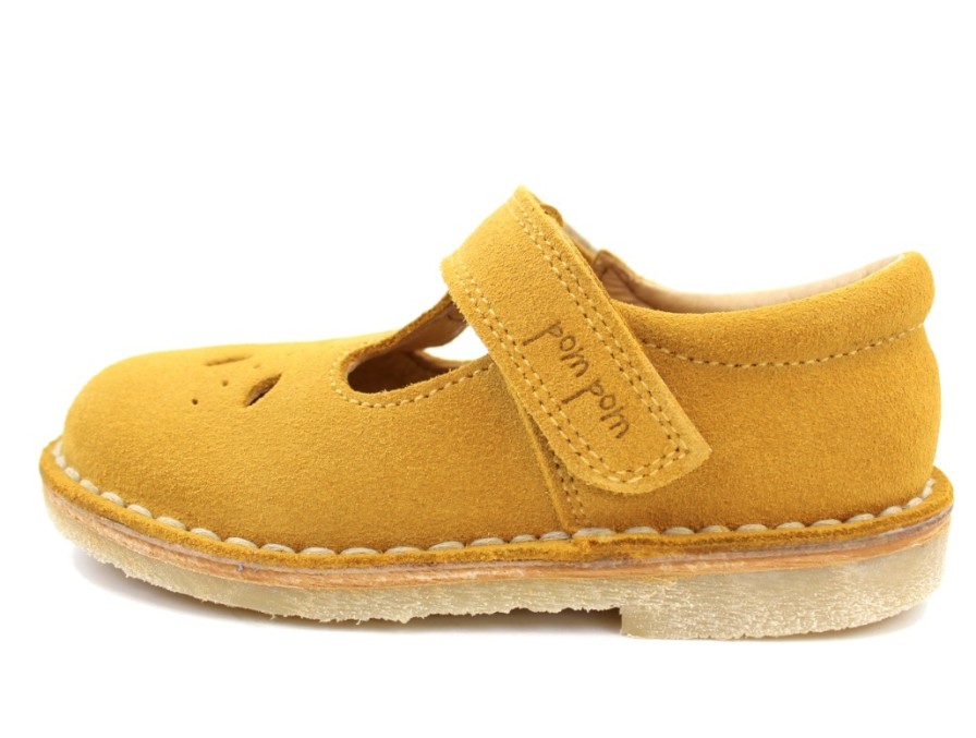 Kids Pom Pom Ballerinas | Pom Pom Ballerina/Mary Janes Light Mustard Suede With Velcro