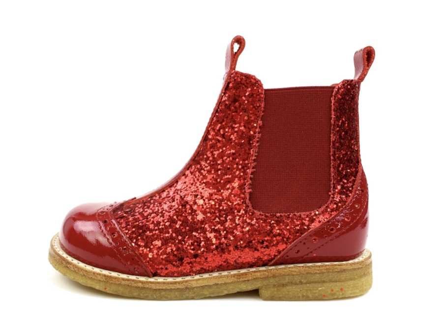 Kids Angulus Boots And Ankle Boots | Angulus Red Glitter Ankle Boots With Perforated Pattern